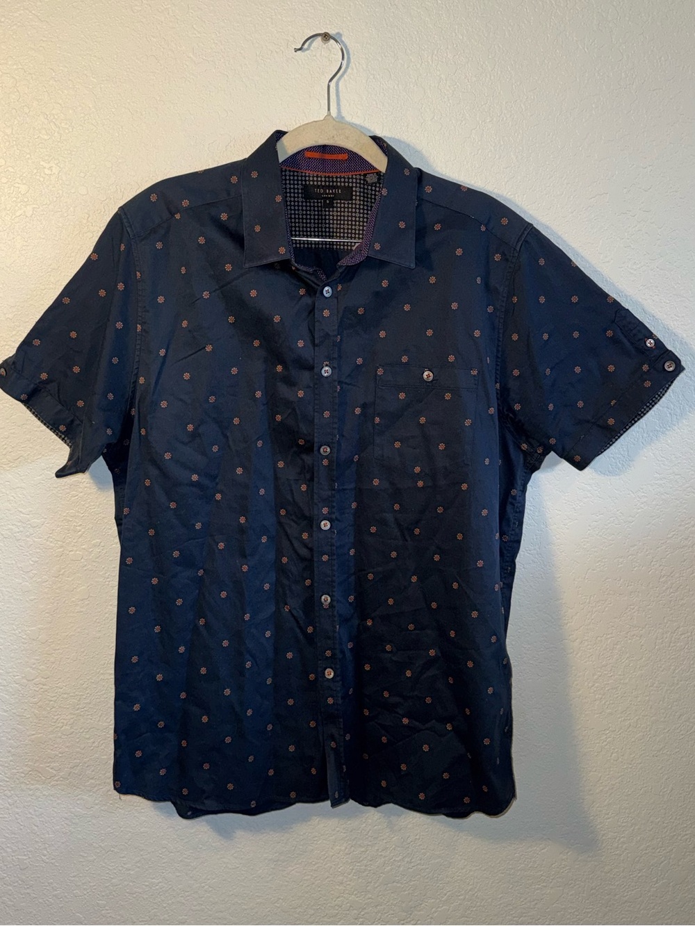 Ted Baker 100% Cotton Navy Short Sleeve Button Up Printed Dress Shirt Size S